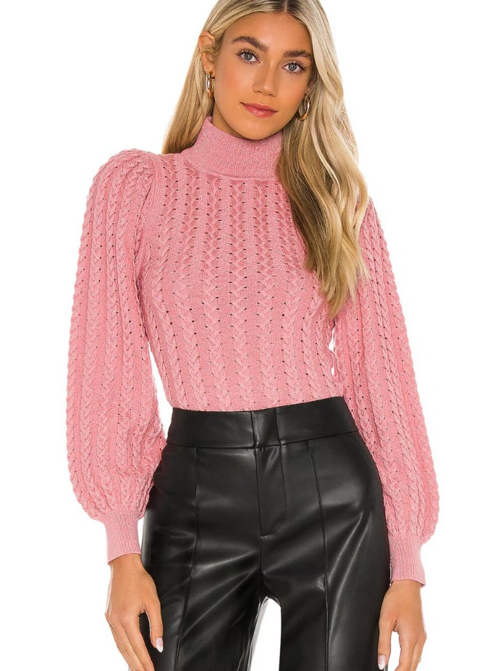 Alice + Olivia ESME Mock Neck Puff Sleeve Sweater in Metallic Rose $330 Size S